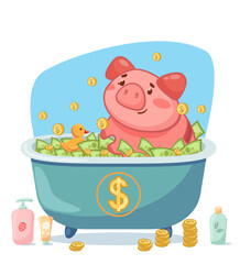 Comic piggybank bathing in cash and coins vector illustration. Drawing of happy piggy bank character in bathtub with dollar bills, rubber duck on white background. Finances, banking, income concept