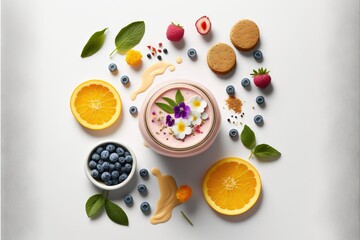  a bowl of food with fruit and flowers on it and a bowl of cookies and fruit on the side of it with leaves and berries and oranges on the side of the bowl and a.