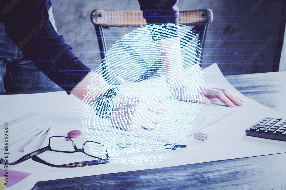 Fototapete Fingerprint scan provides safe access with biometrics identification, concept of the future of security and password control through advanced technology. Double exposure.