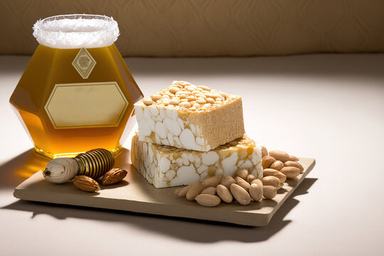Italian honey from the Sardinian region with traditional nougat made with hazelnuts and almonds. Generative AI