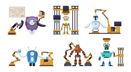 Mechanical arms creating robots vector illustrations set. Robotic or automated arms repairing cyborg characters on white background. Modern technology, automation, artificial intelligence concept