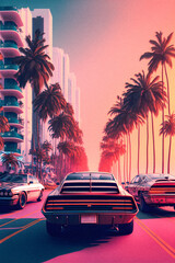 Car and Palm in 80s style, retro background, granular texture illustration Generative AI