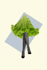 Vertical collage picture of black white gamma slim fit shape girl legs lettuce instead body...