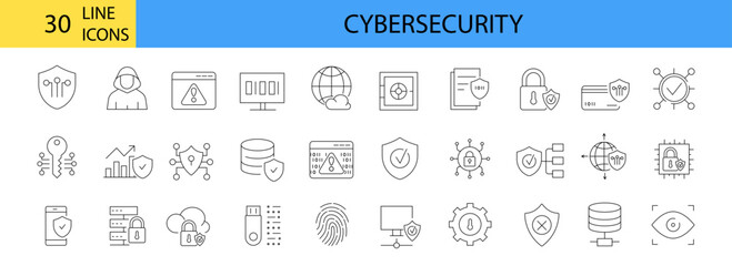 cybersecurity web line icons with sign of agent, hacker, server, safety system and data protection