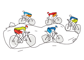 Mountain bike, cyclo-cross competition, cycling race, line art stylized.
Funny Illustration of mtb extreme biking. Continuous Line Drawing.Isolated on white background. Vector available.