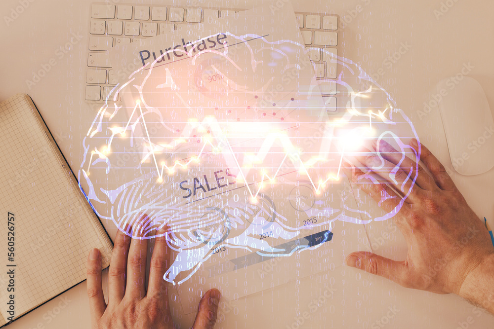 Poster haman brain double exposure icon with man hands background.