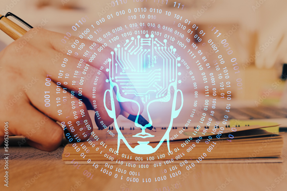 Poster haman brain multi exposure icon with man hands background.