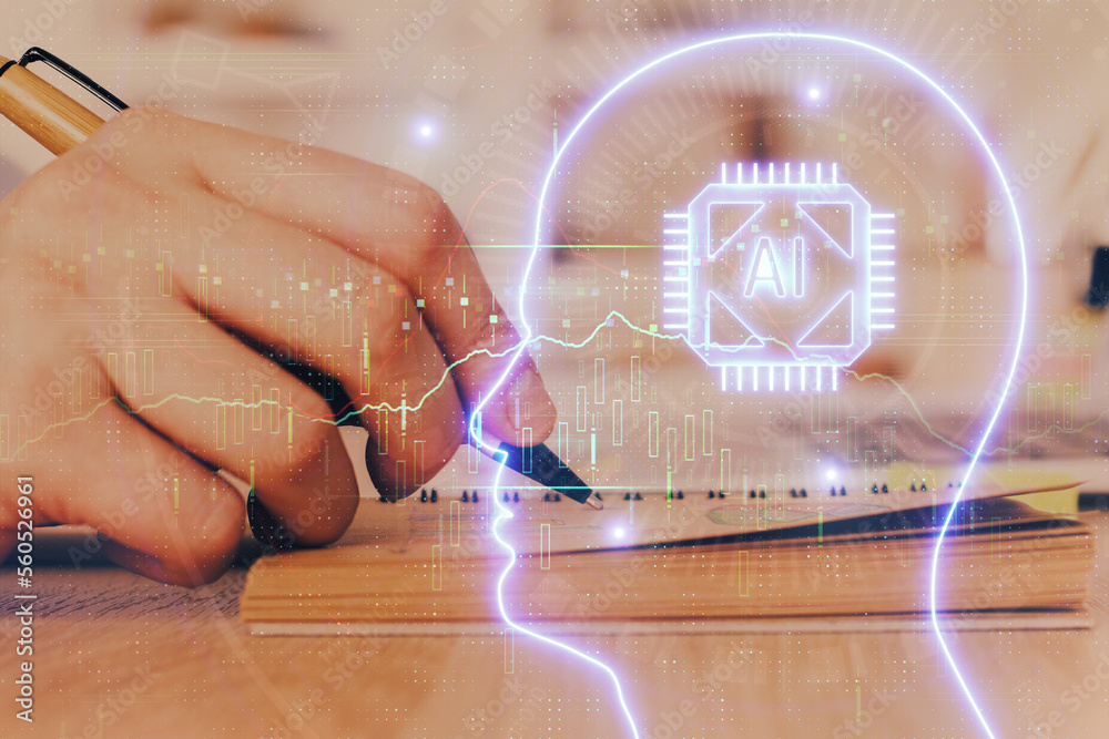 Poster haman brain multi exposure icon with man hands background.