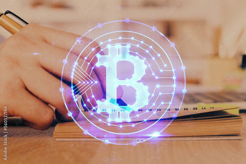 Poster Man's hands working with notes background. Cryptocurrency and finance concept.
