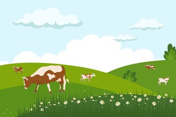 Landscape with grazing cows and a detailed drawing of a cow in the foreground. View of rural scene with green grass and daisies in the hills and fields. Farm herd of brown cows in a spring meadow
