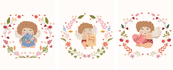 Banner for St. Valentine with a dreamy cupid holding a card, flowers and leaves around. A little angel as a symbol of love. Composition for greeting cards, posters, banners. Vector illustration