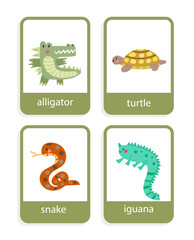 card with reptiles iguana, snake, turtle, alligator vector set