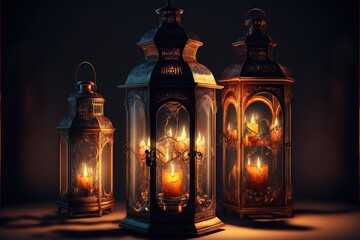  three old fashioned lanterns with candles lit inside of them on a table top with a dark background and a shadow of the lantern on the floor below the lantern is a light that is a.