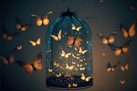  a large glass jar filled with butterflies flying around it's sides and a light inside of it that is glowing up in the air and the middle of the image is a dark sky.