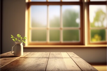 Fototapeta na wymiar a wooden table with a vase of flowers on it and a window in the background with sunlight coming through the window panes and a wooden table with a plant in the foreground,.