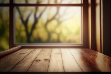 Fototapeta na wymiar a window with a wooden floor and a tree outside it in the daytime light of the day, with a blurry background of trees outside the window and a wooden floor, with a.