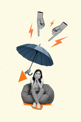 Magazine creative collage of unhappy woman sit bean chair protect from hate speech humiliation parasol - obrazy, fototapety, plakaty