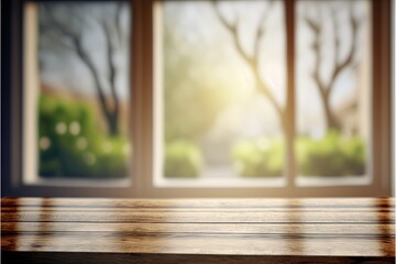  a wooden table with a blurry background of trees outside a window with a bench in front of it and a bench in the foreground with a bench on the right side of the.