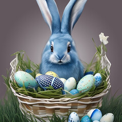 Blue easter bunny sits in a basket
