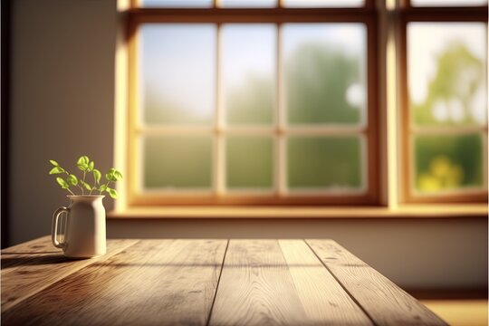  a wooden table with a vase of flowers on it and a window in the background with sunlight coming through the window panes and a wooden table with a plant in the foreground,.