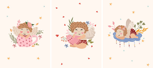 Compositions with cute cupids in different poses, a dreamy angel on a cloud, cupid holding a postcard and sitting in a cup, leaves and flowers around. Little angels as a symbol of love. Vector