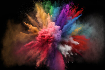 An abstract burst of colourful dust against a dark background. Abstract background with powder splatters, freeze motion of color powder exploding throwing, and glitter texture in various colors