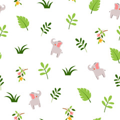 Seamless vector pattern with cute baby elephants drawn in flat style. Funny summer print for kids textile, wrapping paper, wallpapers
