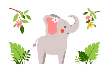 Vector landscape with cute baby elephant drawn in flat style. Kawaii character stands on the green grass and smiles happily