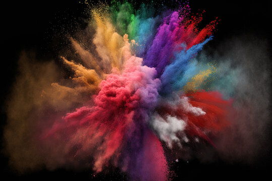 An abstract burst of colourful dust against a dark background. Abstract background with powder splatters, freeze motion of color powder exploding throwing, and glitter texture in various colors