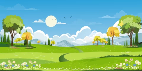 Schilderijen op glas Spring green fields landscape with mountain, blue sky and clouds background,Panorama peaceful rural nature in springtime with green grass land. Cartoon vector illustration for spring and summer banner © Anchalee