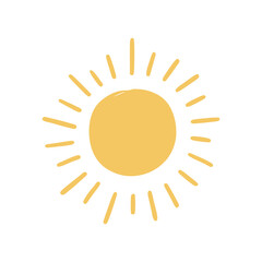 Doodle sun sketch illustration. Hand drawn cute orange sunshine. Scribble doodle children drawn style. Vector illustration