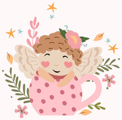 A cute little cupid sitting in a cup, surrounded by leaves, flowers and stars. A little angel as a symbol of love. Day of St. valentine Composition for greeting cards, posters, banners. Vector