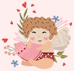 A cute cupid holds a postcard with a heart, leaves and flowers in a circle. A little angel as a symbol of love. Concept of holiday, love. Composition for greeting cards, posters, banners. Vector