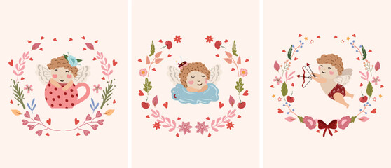 Compositions with cute cupids in different poses, a dreamy angel on a cloud, cupid shooting from a bow, and sitting in a cup, leaves and flowers around. Little angels as a symbol of love. Vector