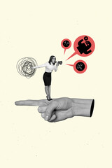 Negative company climate concept collage of woman executive shout workers hate speech bullhorn on...