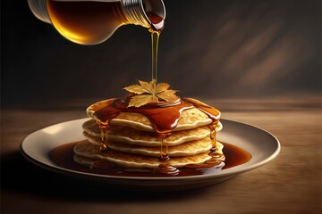  a plate of pancakes with syrup being poured on top of them and a maple leaf on top of the pancakes on the plate is being poured with syrup from a bottle of syrup on the. - obrazy, fototapety, plakaty