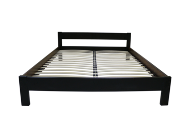 frame of a double lacquered bed made of wood with slats, isolated on a white background