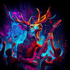 Deer playing guitar in night club. Generative AI.