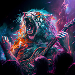 Tiger playing guitar in night club. Generative AI.