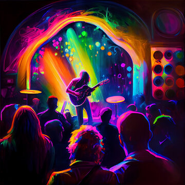 Artist with guitar playing rock concert. Generative AI.
