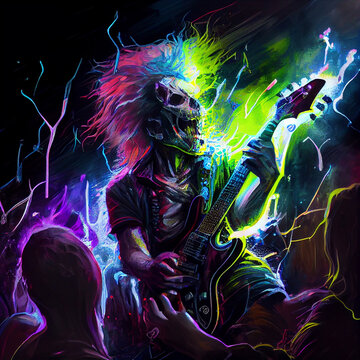 Zombie with guitar during concert. Generative AI.