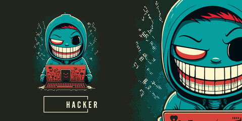 Professional hacker is using laptop in planning attacks. - obrazy, fototapety, plakaty