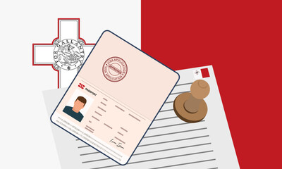 Fototapeta na wymiar Malta visa, open stamped passport with visa approved document for border crossing. Immigration visa concept. Background with Malta flag. vector illustration