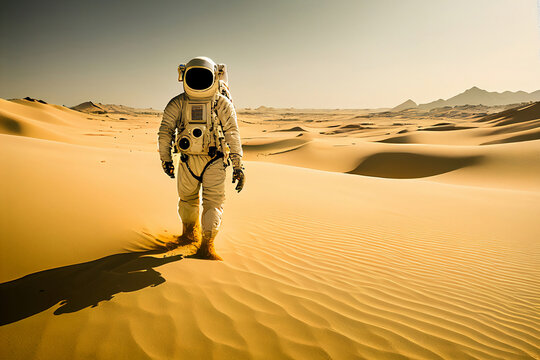 Generative AI illustration of astronaut walking through the  desert 