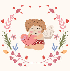 A cute cupid holds a postcard with a heart, leaves and flowers in a circle. A little angel as a symbol of love. Concept of holiday, love. Composition for greeting cards, posters, banners. Vector