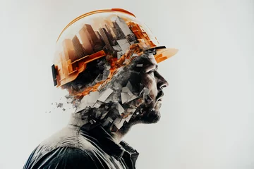 Construction engineer, architect or construction worker working with modern technology. Double exposure, generative ai © Lukas Juszczak