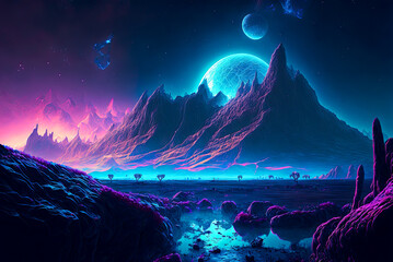 Fototapeta na wymiar Alien planet landscape, mountains, dark, blue. Generative AI