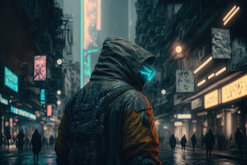 Fototapeta na wymiar Back view of a man in smart glasses. Cyberpunk city street. Dark future. Generative AI