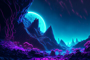 Fototapeta na wymiar Alien planet landscape, mountains, dark, cool colors, blue, purple, large moon. Generative AI