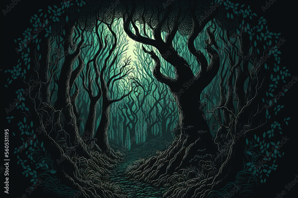 Wall mural fantasy dark forest with spooky trees. light in the end of the path. generative ai